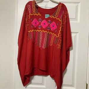 Judith March Red Embroidered Boho Women's Top Size M